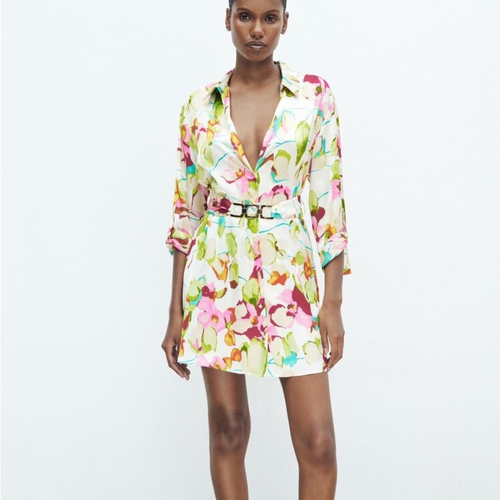 NWT Zara Women's Multi Floral Print Satin Dress Size L